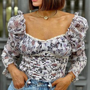 NWT Free People Brunch Date Bodysuit Floral Puff Sheer Long Sleeve Ivory Combo S